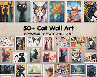 ボヘミアン風猫の壁飾りセット 50種類以上の印刷可能な猫の壁アート ヴィンテージ猫ポスターバンドル レトロ ミニマリスト モダン猫アートプリント