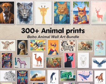 動物のウォールアートセット（300枚）｜ボヘミアン風動物の子供部屋用ウォールアート｜水彩線画の動物の壁飾りプリント｜抽象的な動物アートセット