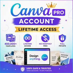 May include: A promotional graphic for a Canva Pro account, featuring the text "Canva PRO ACCOUNT LIFETIME ACCESS." The image includes icons for 400,000+ templates, lifetime access, no monthly fees, and full privacy. A laptop displays "Design anything" and the Canva logo.