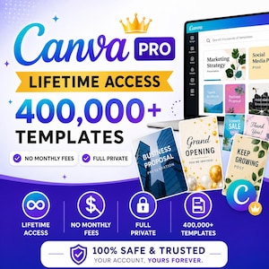 May include: A promotional graphic for Canva Pro, featuring the text "Canva PRO" and "LIFETIME ACCESS." It highlights "400,000+ TEMPLATES" and includes icons for "NO MONTHLY FEES" and "FULL PRIVATE." A laptop displays template options.