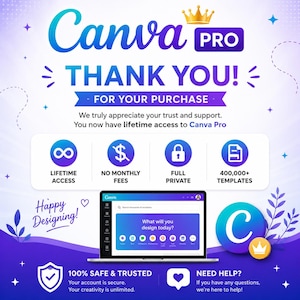 May include: A graphic promoting Canva Pro, featuring the text "THANK YOU!" and "FOR YOUR PURCHASE." It highlights lifetime access, no monthly fees, full privacy, and over 400,000 templates. A laptop displays the Canva interface, with the words "Happy Designing!"
