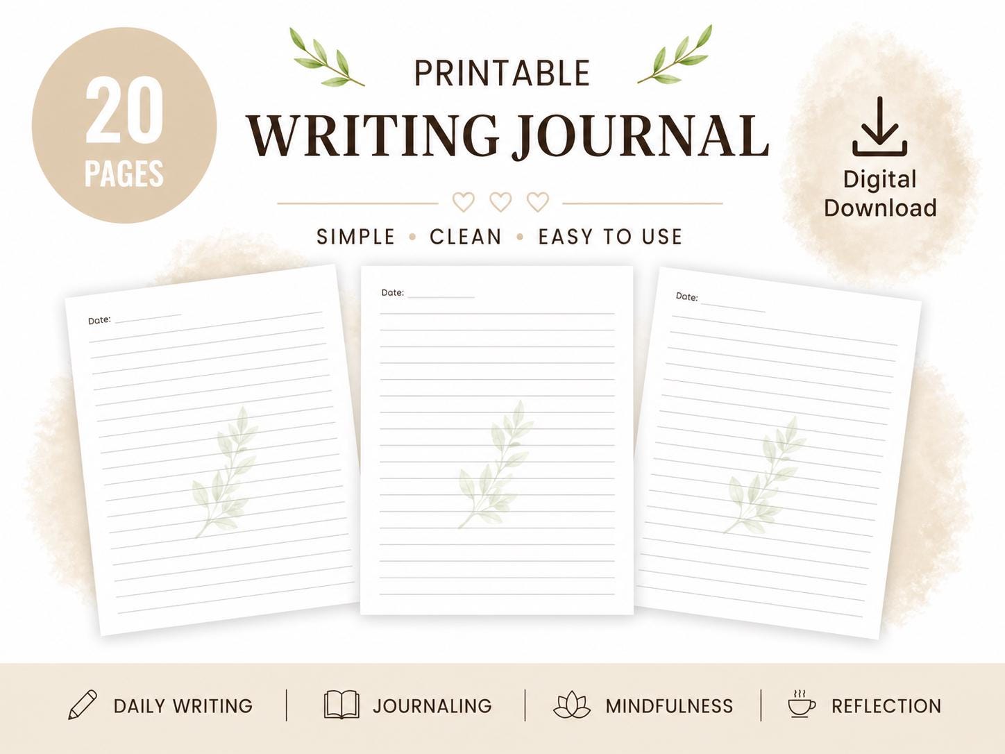 Beige Writing Journal Printable | Minimalist Lined Pages | Digital ...
