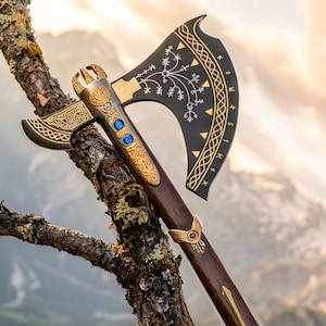 May include: A decorative battle axe featuring a black blade with white runic engravings and gold filigree patterns. The handle is made of dark wood, accented with gold metal fittings, two blue circular inlays, and a small red gemstone detail.