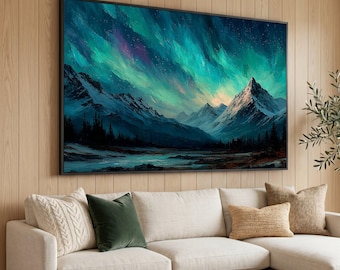 Northern Lights Over Snowy Mountains Canvas, Aurora Borealis Wall Art, Mountain Landscape Decoration, Night Sky Art Print, Nature Canvas