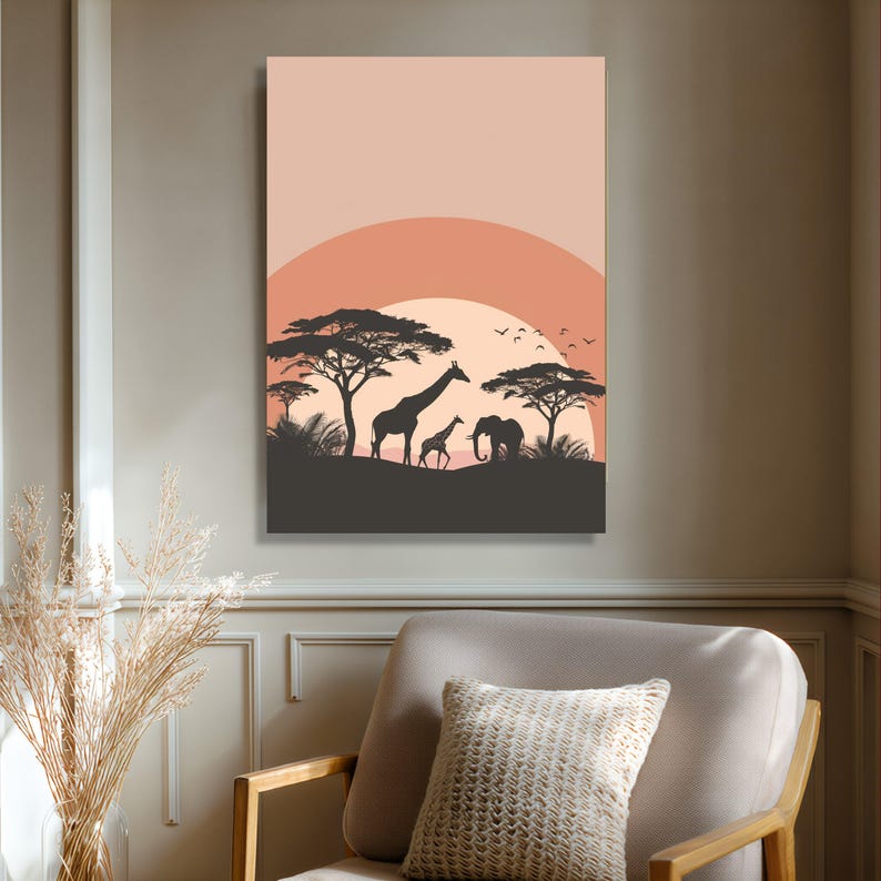 African Safari Sunset Canvas, Wildlife Silhouette Wall Art, Giraffe and ...