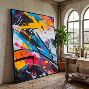 Lienzo con vibrantes grafitis urbanos, arte callejero abstracto y colorido, arte mural moderno, decoración luminosa para el hogar, impresión dinámica sobre lienzo.