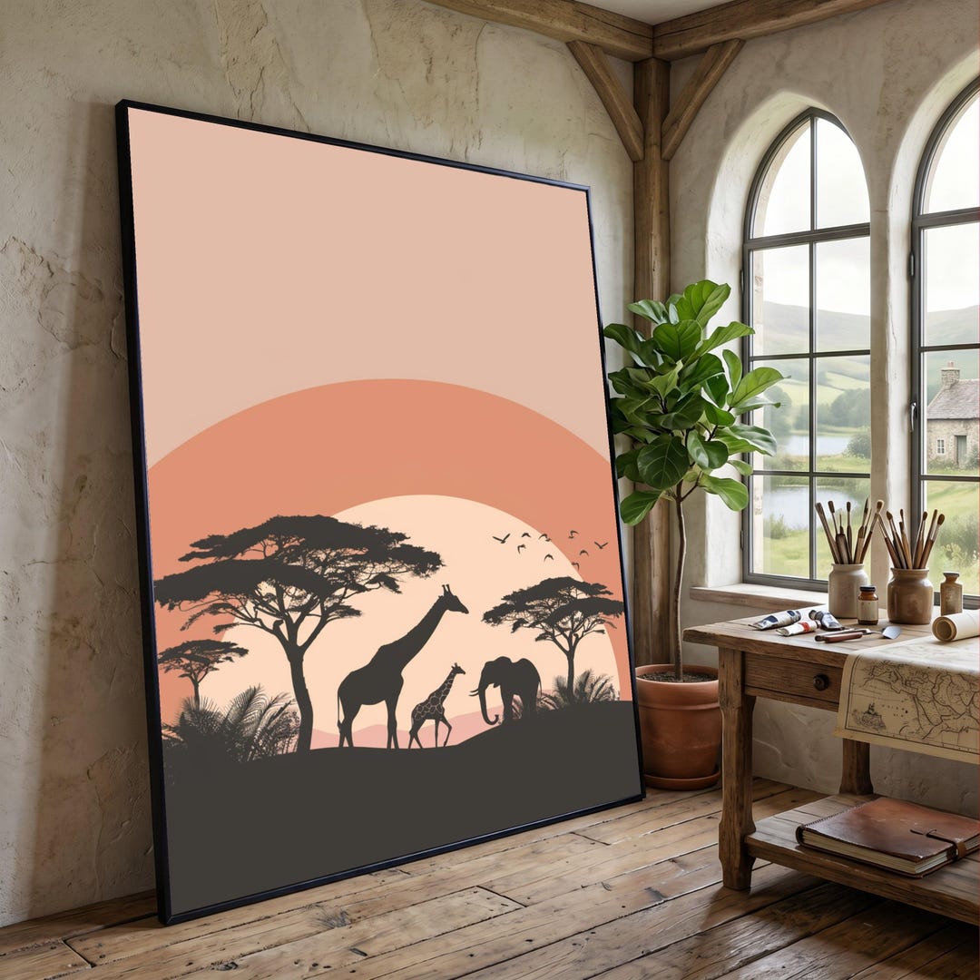 African Safari Sunset Canvas, Wildlife Silhouette Wall Art, Giraffe and ...