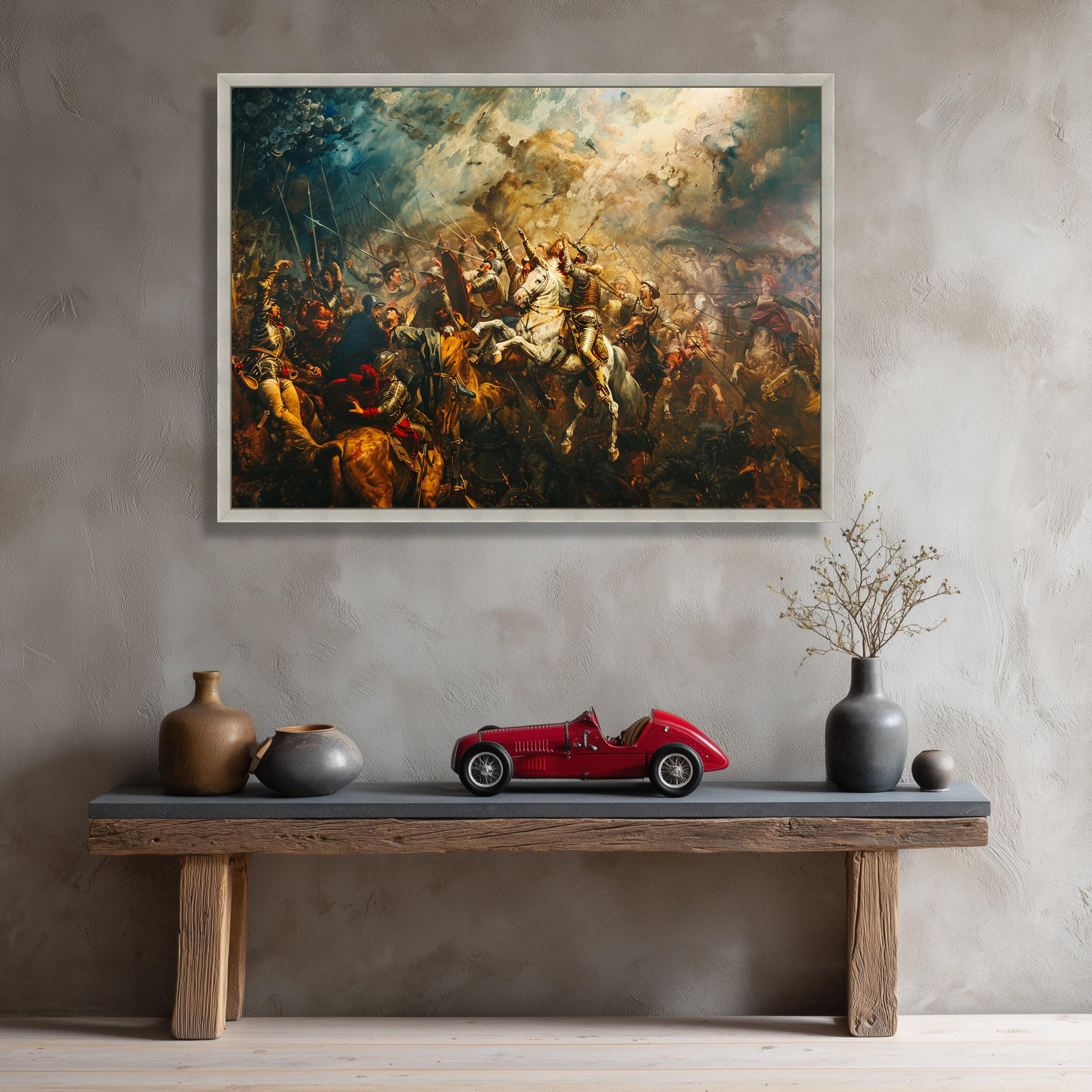 Dramatic Medieval Battle Scene Canvas, Warrior Horsemen Wall Art ...