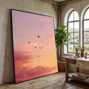 Lienzo con imágenes de aves volando al atardecer, arte mural con cielo rosa y naranja, escena de vuelo de la naturaleza, lienzo con paisaje tranquilo, pintura para decoración del hogar.