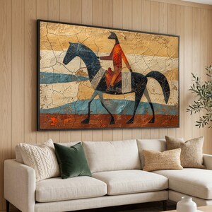 Tela astratta raffigurante un cavaliere, arte murale in stile vintage, arredamento equestre per la casa, tela con paesaggio rustico, pittura primitiva moderna