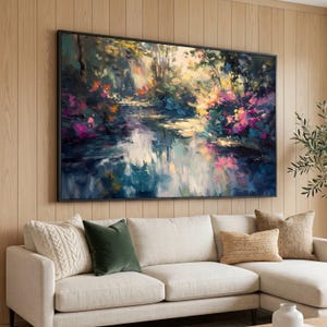 Tranquil Garden Stream Canvas, Floral River Landscape, Colorful Nature Wall Art, Scenic Water Reflection, Bright Botanical Canvas Decor