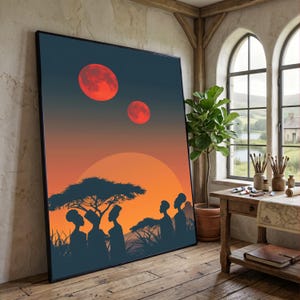 African Sunset Silhouettes Canvas, Tribal Women Art, Double Red Moon Landscape, Ethnic Wall Decor, Vibrant Nature Canvas