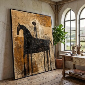 Quadro astratto con cavallo nero e cavaliere su tela, tonalità marroni rustiche, pittura su tela moderna e primitiva, decorazione con silhouette equestre