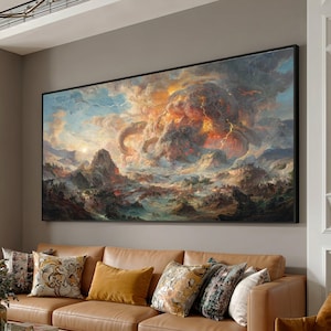 Dramatic Thunderstorm Battle, Fiery Octopus Sky Canvas, Dark Fantasy Landscape, Epic Nature Scene, Surreal Wall Art Decoration