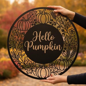 Hello Pumpkin Metal Sign, Fall Wreath Wall Art, Autumn Leaves Berry Door Hanger, Round Farmhouse Porch Decor, Thanksgiving Housewarming Gift