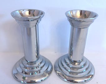 Vintage Chrome Candlestick Holder Pair