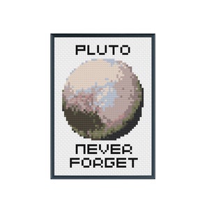 May include: A black framed cross-stitch design featuring a pixelated image of Pluto with the text "PLUTO NEVER FORGET" in black.