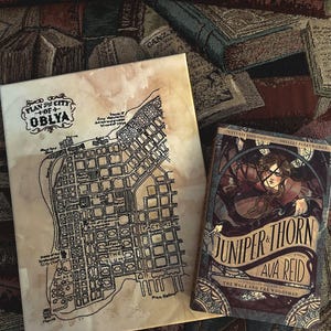 May include: A canvas print of a city map labeled "Plan of the City of OBLYA" next to a book titled "Juniper & Thorn" by Ava Reid. The book cover features a woman with long hair. The background is a tapestry.