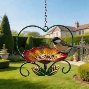 May include: A hanging bird feeder with a green heart-shaped frame and a red, yellow, and gold flower-shaped bowl filled with birdseed. A small bird perches on the edge. The feeder hangs from a chain in a sunny garden.