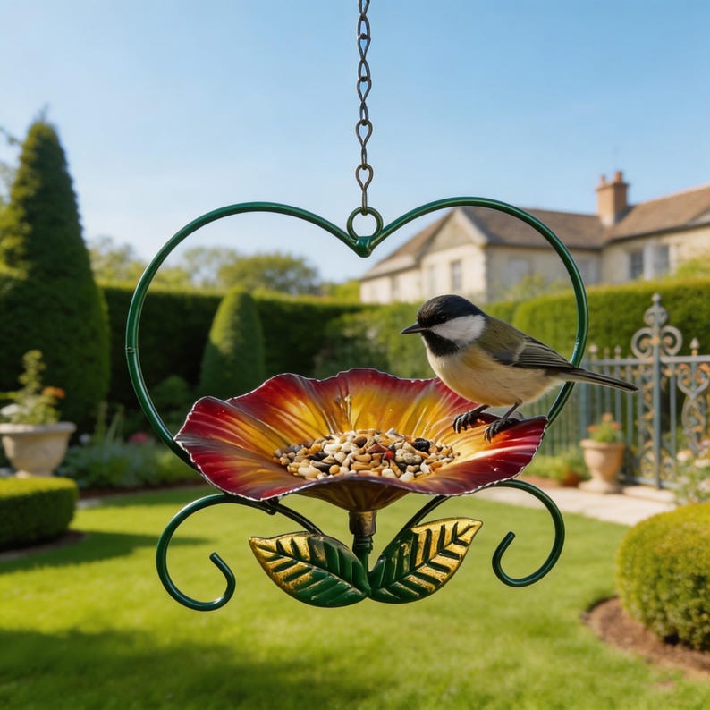 May include: A hanging bird feeder with a green heart-shaped frame and a red, yellow, and gold flower-shaped bowl filled with birdseed. A small bird perches on the edge. The feeder hangs from a chain in a sunny garden.