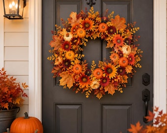 Fall Wreath for Front Door, Thanksgiving Pumpkin Wreath, Autumn Maple Leaf Garland, Artificial Flower Harvest Wreath, Farmhouse Porch Decor