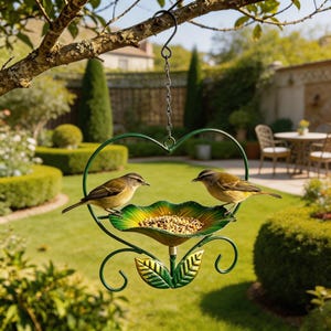 May include: A green metal bird feeder shaped like a heart, suspended from a tree branch. The feeder has a leaf-shaped bowl filled with birdseed, and two small birds are perched on the edge. The background shows a well-manicured garden.