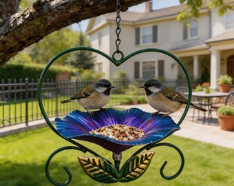 Heart-Shaped Flower Bird Feeder, Hanging Metal Tray for Wild Birds, Outdoor Garden Decor, Backyard Bird Bath & Seed Feeder