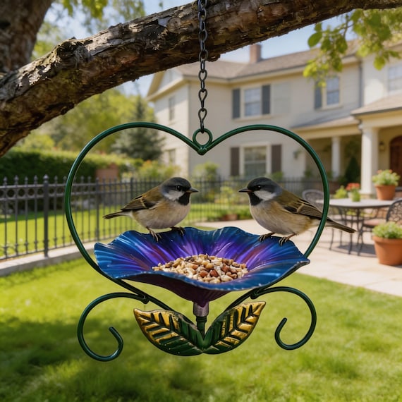 Heart-Shaped Flower Bird Feeder, Hanging Metal Tray for Wild Birds, Outdoor Garden Decor, Backyard Bird Bath & Seed Feeder