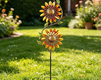 Sunflower Wind Spinner, Metal Garden Stake, Dual Head Kinetic Windmill, Yard Art Decor, Outdoor Patio Decoration, Housewarming Gift