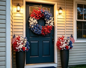 4th of July Patriotic Wreath & Stems Set, Red White Blue Artificial Flowers for Front Door, Memorial Day Outdoor Decor, No Fade Floral Picks