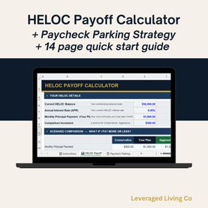 Op de afbeelding: Een laptop toont een spreadsheet met de titel "HELOC Payoff Calculator". Het scherm toont details zoals het huidige saldo, de rente en betalingsopties. De tekst erboven luidt "HELOC Payoff Calculator + Paycheck Parking Strategy + 14 page quick start guide."