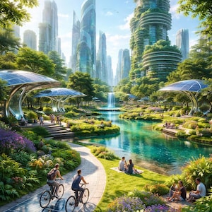 May include: A futuristic cityscape with tall, modern buildings and lush green spaces. Cyclists ride on a solar panel path, and people relax by a turquoise river. Solar-powered structures provide shade, and a waterfall adds to the serene atmosphere.