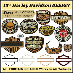 Op de afbeelding: Een verzameling Harley Davidson-ontwerpen in verschillende vormen en maten, waaronder logo's en emblemen. Maten variëren van 7,6 cm tot 17,8 cm. De ontwerpen bevatten schedels, vleugels en de naam Harley Davidson. De tekst "15+ Harley Davidson DESIGN" staat bovenaan.