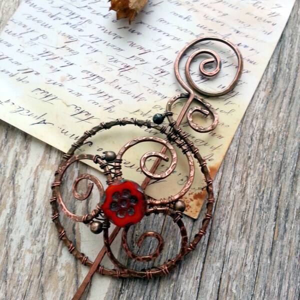 Shawl pin - Penannular  Wire Wrapped Copper Shawl Pin , scarf pin, sweater pin, cardigan clasp, bun pin, hair slide