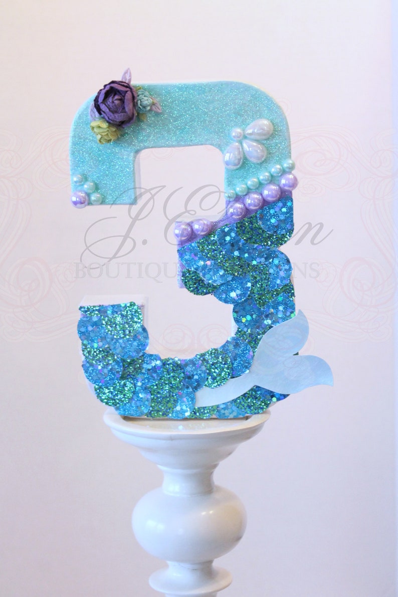 birthday party letter A B C mermaid tail aqua florals turquoise glitter scales number 1 2 3 No wpearls or LETTER mermaid decor