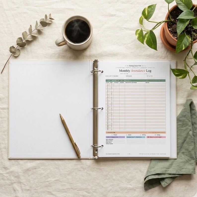 May include: An open three-ring binder featuring a Monthly Attendance Log page with columns for date, status, and notes. A gold pen rests on the blank left page. The log includes sections for child's name, grade, state, and a colour-coded legend.
