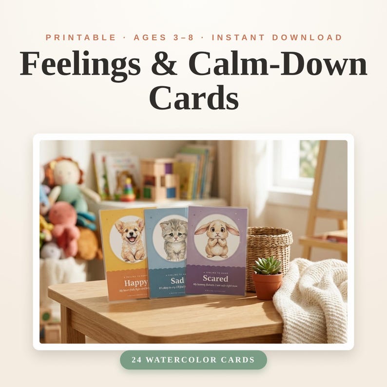 Feelings and Calm-Down Cards for kids, watercolor emotion flashcards from Raising Curious Kids