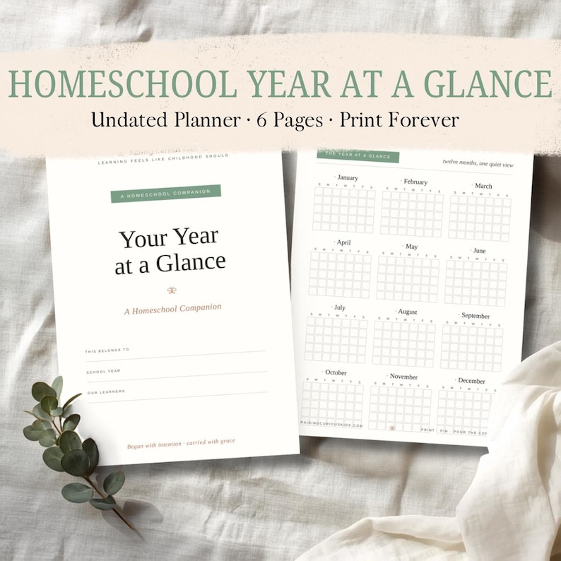 Secular Homeschool Year at a Glance Planner printable, cover page and twelve-month calendar in cream and sage