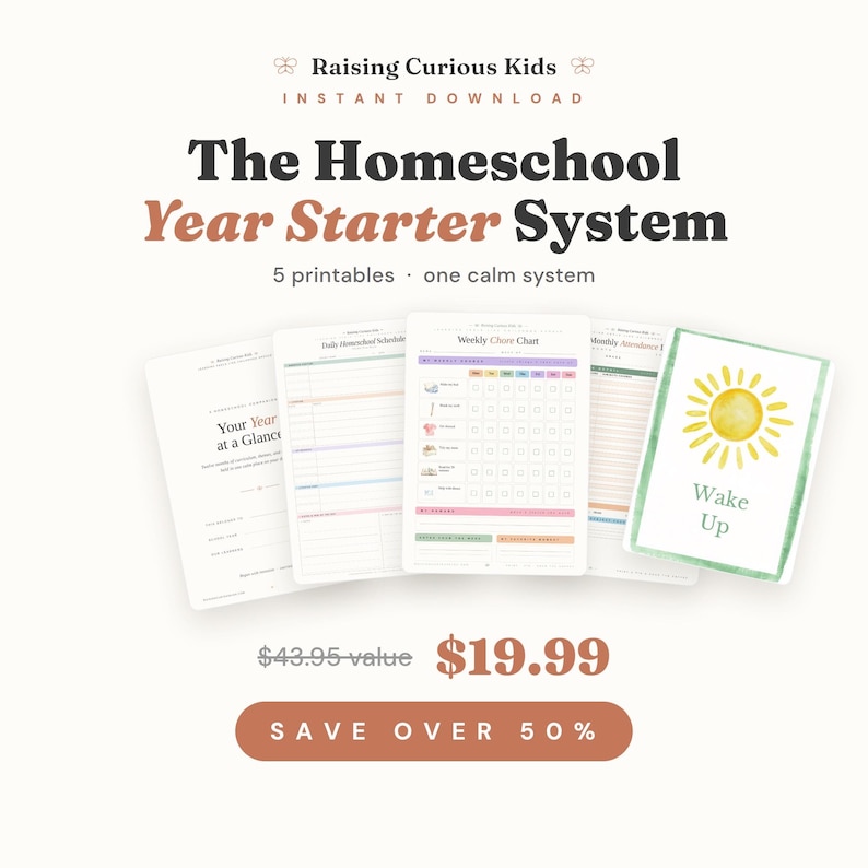 Secular Homeschool Year Starter System printable bundle with planners and routine cards