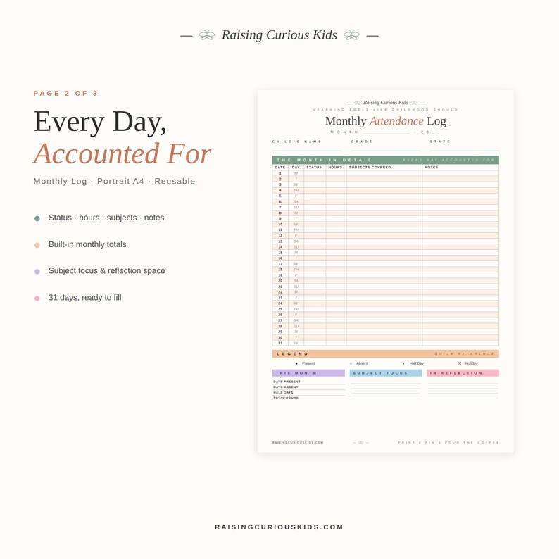 Homeschool Attendance Tracker | Undated Log, Year-at-a-Glance (PDF Download) image 6
