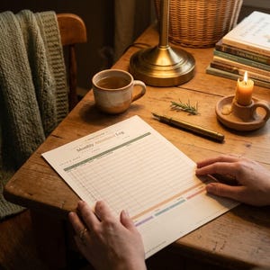 May include: A printed Monthly Attendance Log document on a wooden table. The form features columns for child name, grade, and daily attendance tracking. A ceramic mug, a brass pen, a lit candle in a holder, and a stack of books are nearby.