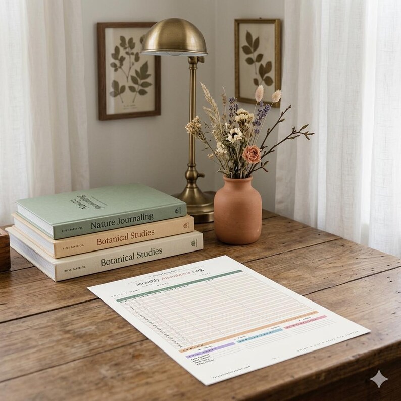 May include: A printed Monthly Attendance Log sheet with columns for dates and names, placed on a wooden surface next to a stack of three books titled Nature Journaling and Botanical Studies, a brass desk lamp, and a terracotta vase with dried flowers.