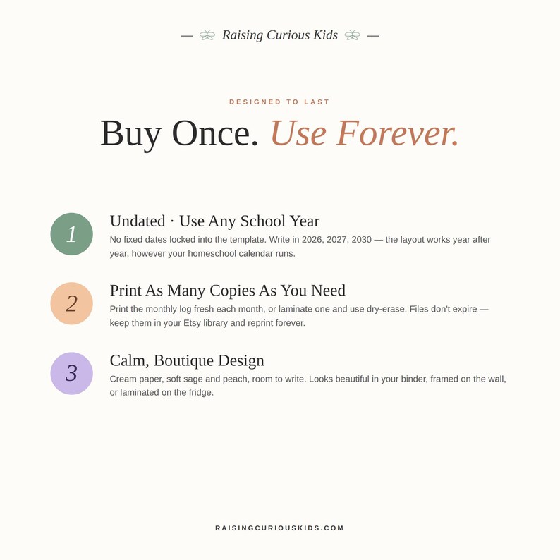 May include: A digital document template titled Raising Curious Kids with the text Buy Once. Use Forever. It features three numbered points in sage green, peach, and lavender circles, explaining that the layout is undated, printable, and has a calm design.