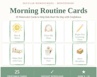 Morgonrutinskort för barn | 25 visuella schemakort | Daglig rutin för småbarn | Montessori akvarell utskrivbar PDF
