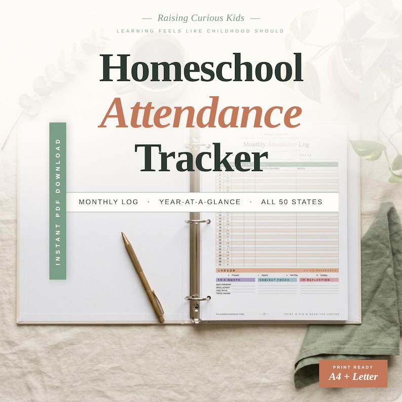 Homeschool Attendance Tracker printable shown in a binder, undated attendance log for any school year