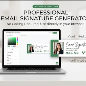 May include: A laptop displays a professional email signature generator interface. The screen shows a preview of an email signature with a photo and contact details. Text reads "Instant Download" and "Professional Email Signature Generator".