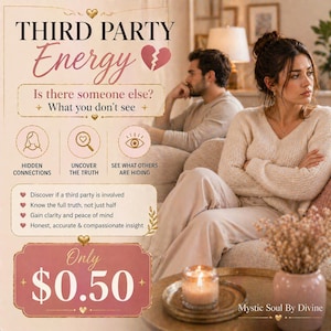 Può includere: Grafica promozionale con il testo "THIRD PARTY Energy" e la domanda "C'è qualcun altro?". L'immagine include icone per connessioni nascoste, scoprire la verità e vedere cosa gli altri nascondono. Il prezzo è visualizzato come €0,50.