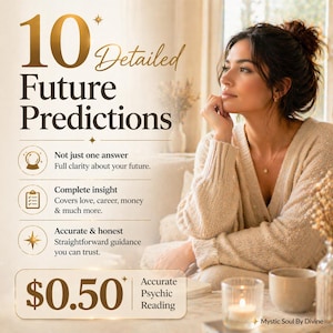 May include: An image with the text "10 Detailed Future Predictions." The image also includes the text "Not just one answer, Full clarity about your future," "Complete insight, Covers love, career, money & much more," and "Accurate & honest, Straightforward guidance you can trust."