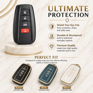 May include: Black car key fob case with gold trim, displayed with blue and white versions. The image includes text that reads "ULTIMATE PROTECTION" and "PERFECT FIT". The case is designed to protect the key fob from scratches and drops.