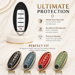 Könnte beinhalten: Schwarze Autoschlüsselhülle mit goldenem Rand, mit Tasten-Symbolen und dem Wort "HOLD". Das Bild zeigt auch blaue, rote und grüne Hüllen sowie den Text "ULTIMATE PROTECTION" und "PERFECT FIT".